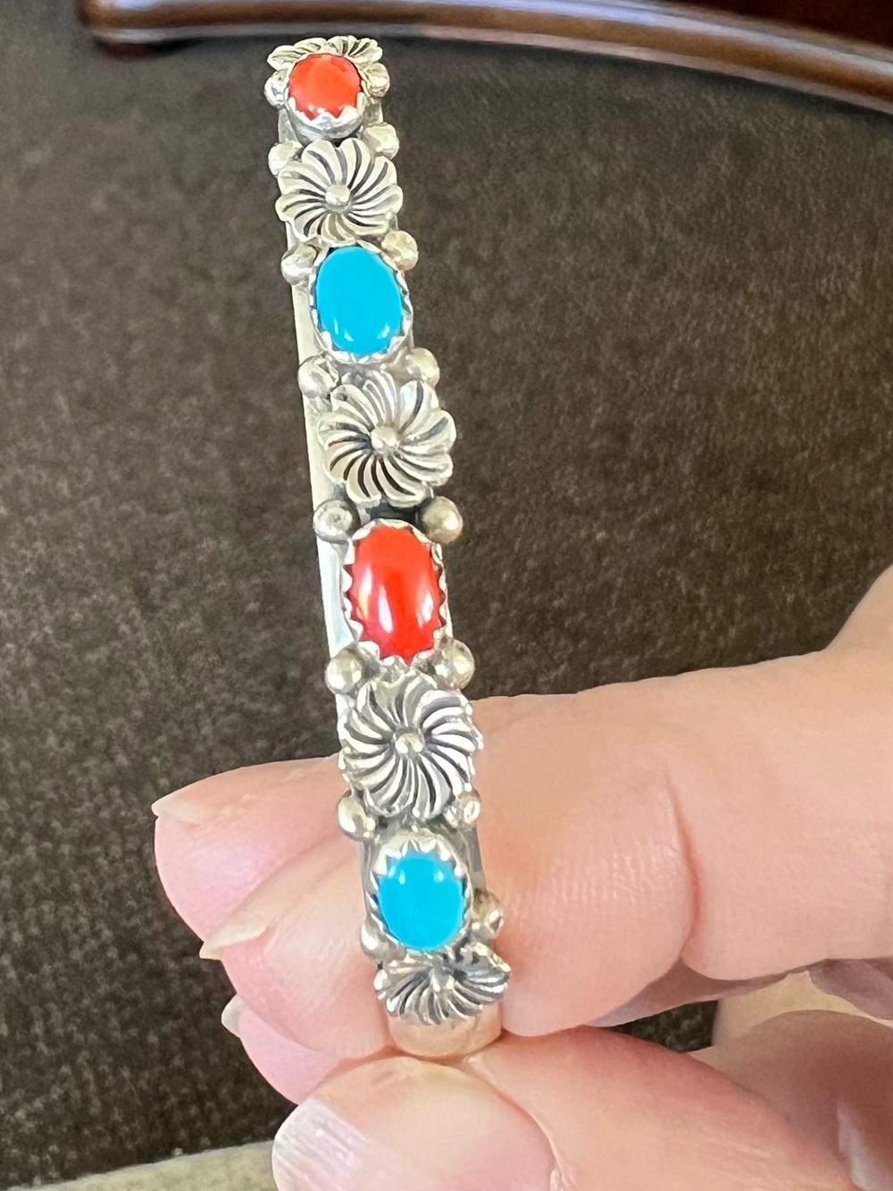 Sterling Silver Floral Inlay Cuff Bracelet with Turquoise & Coral Stones